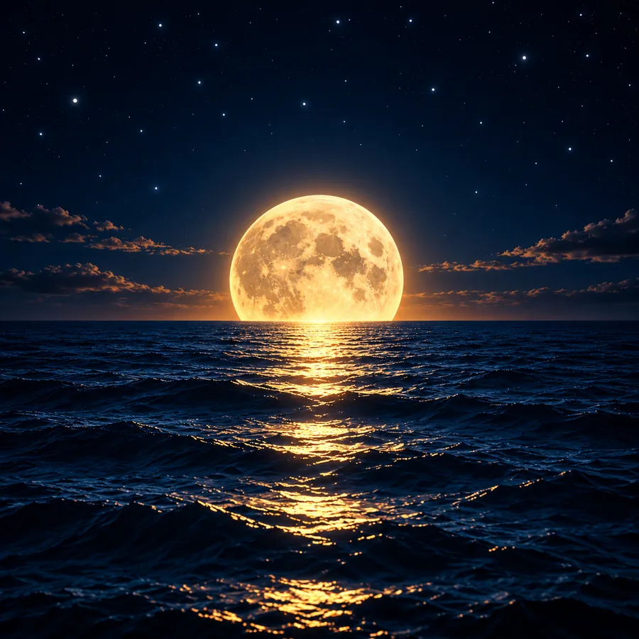 A full moon rising over a dark ocean